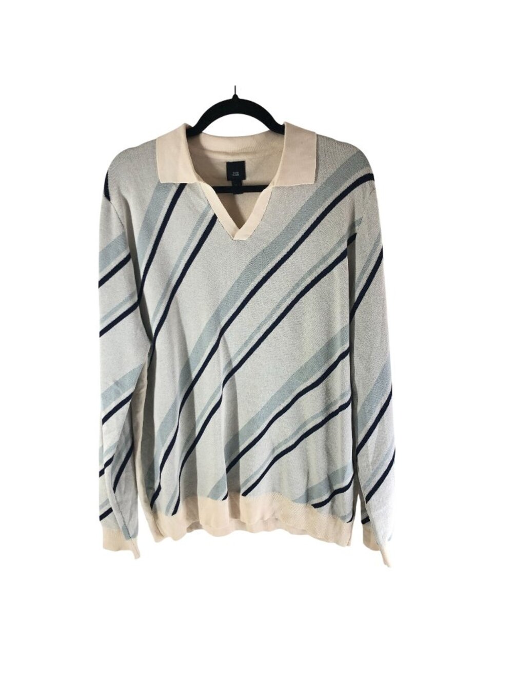 River Island Mens XL Beige Striped V-Neck Collared Lightweight Sweater